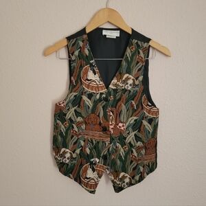 Petite Sophisticates Multicolored Dog Print Vintage 80s 90s Vest S/M Green Brown